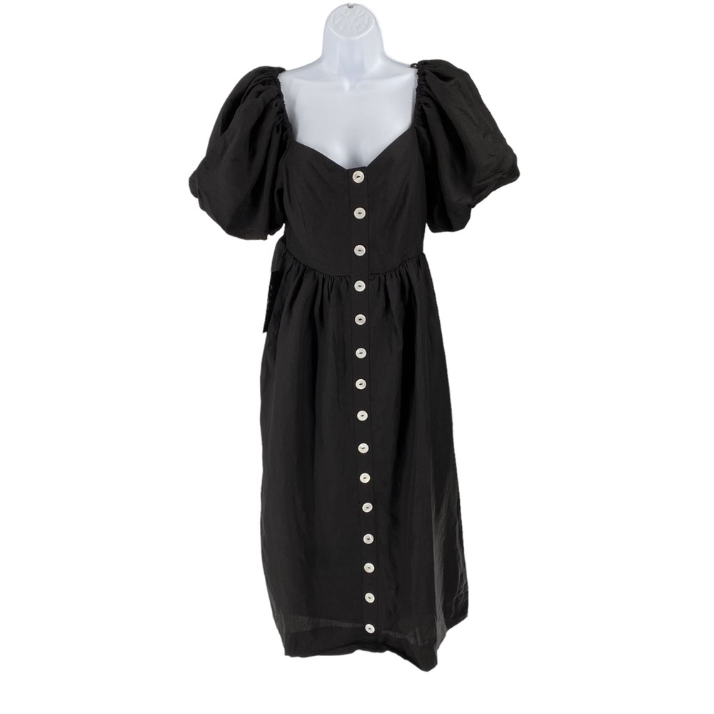 Pomander Place NEW Alexis Puff Sleeve Black Linen Pockets Midi Dress Size L - Picture 4 of 11